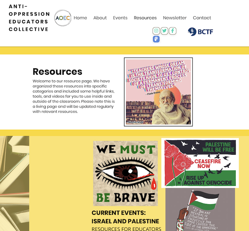 image - A screenshot of the Anti-Oppression Educators Collective’s resources page. The AOEC is a provincial specialist association of the BC Teachers’ Federation